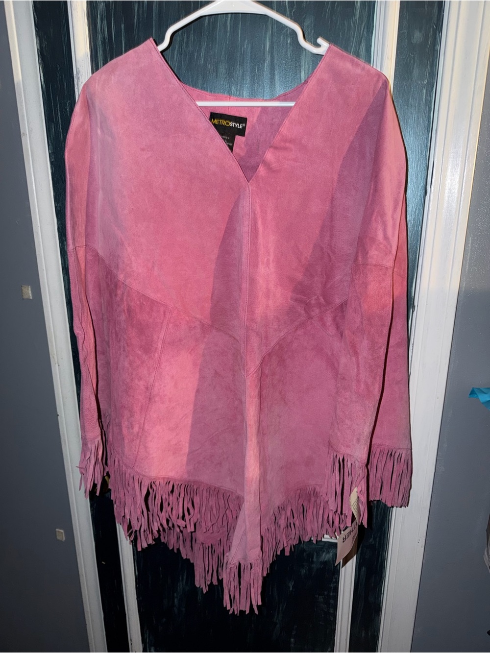 Metrostyle Genuine Pink Suede Leather Fringe Poncho Boho Western L NWT